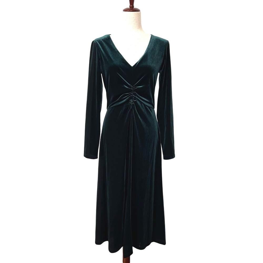 Eliza J Green Velvet Midi Dress Ruched Long Sleeve Cocktail Holiday Glam 6 - Picture 2 of 7